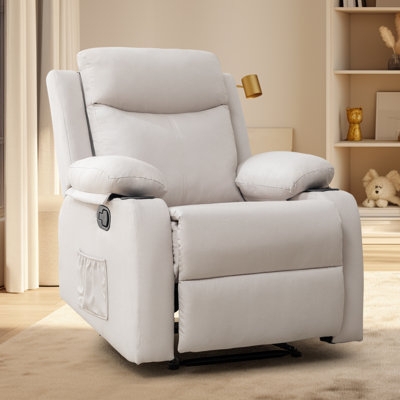Off-White Fabric Manual Recliner with Convenient Side Storage Pocket