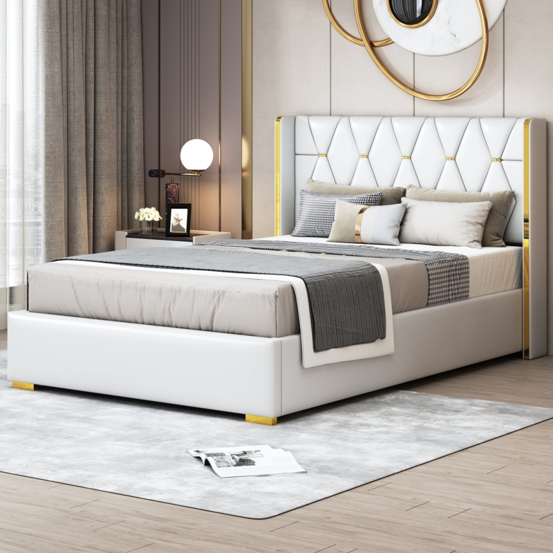 Off-White Faux Leather Bed, Diamond Quilted, Gold Metal Inlays