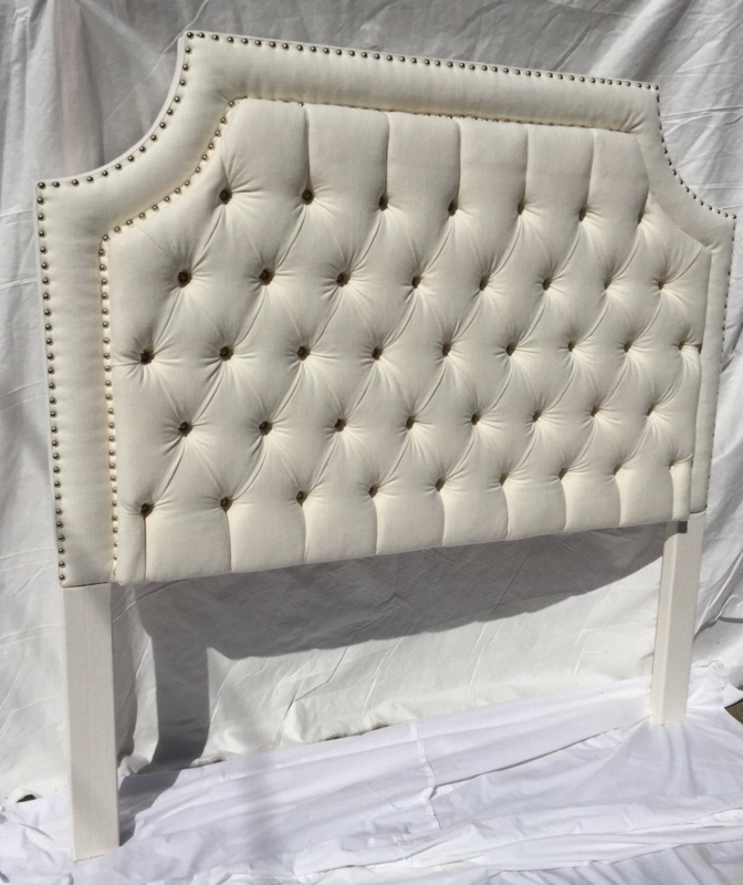 Off-White Linen Headboard with Notched Camelback Silhouette & Nailheads