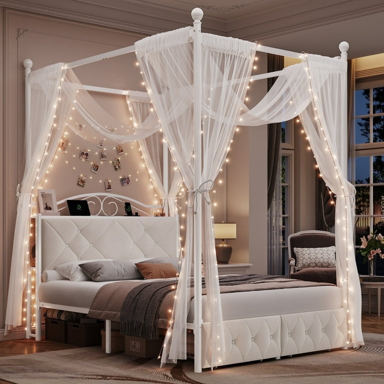 Off-White Metal Canopy Bed with Diamond Tufted Headboard Shelf