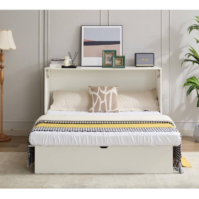Off-White Murphy Bed Chest with Integrated Top Shelf and Storage Base