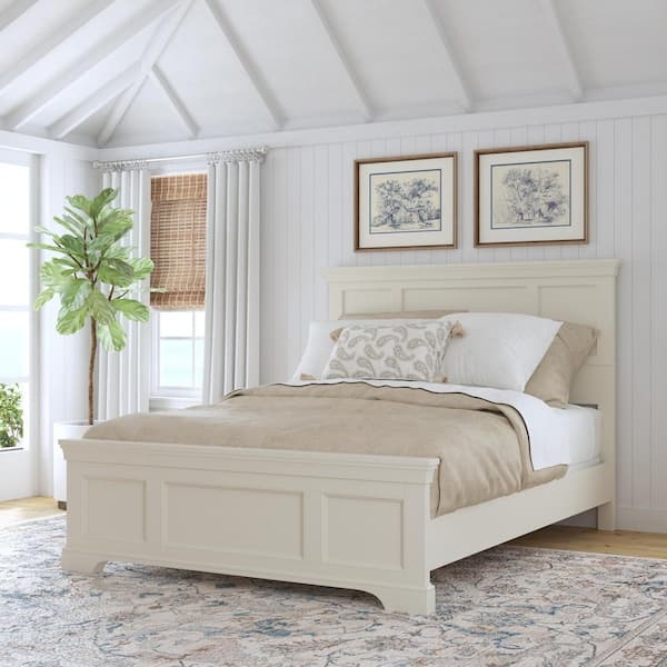 Off-White Panel Bed, Crown Molding Trim, Coastal Queen Bed Design