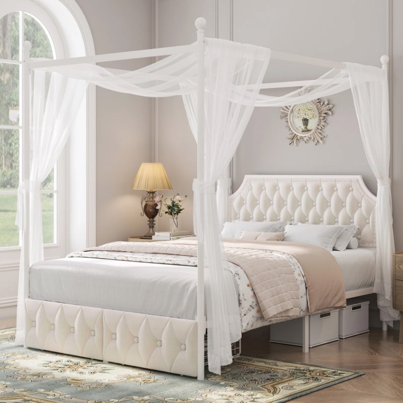 Off-White Tufted Canopy Bed with Sheer Drapes & Storage
