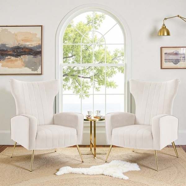 Off-White Velvet Wingback Chair Vertical Channel Tufting Gold Legs