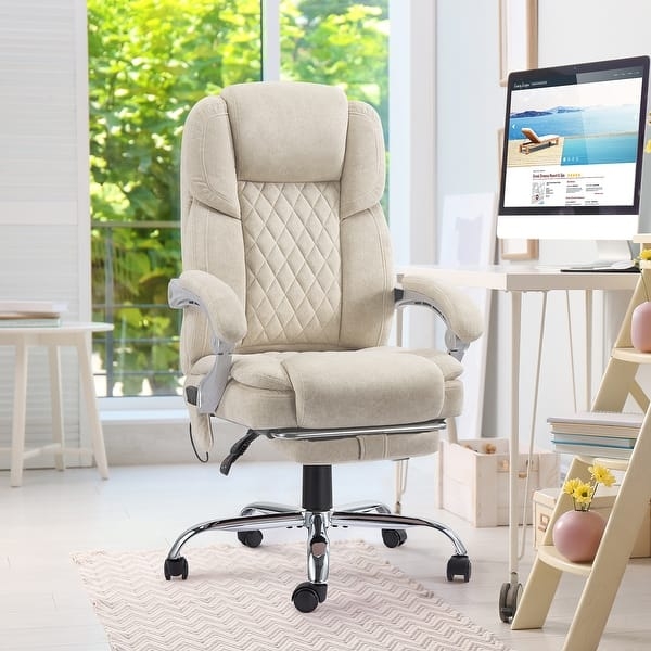 Office Chair, Diamond Quilting, Beige Fabric, Retractable Footrest, Massage