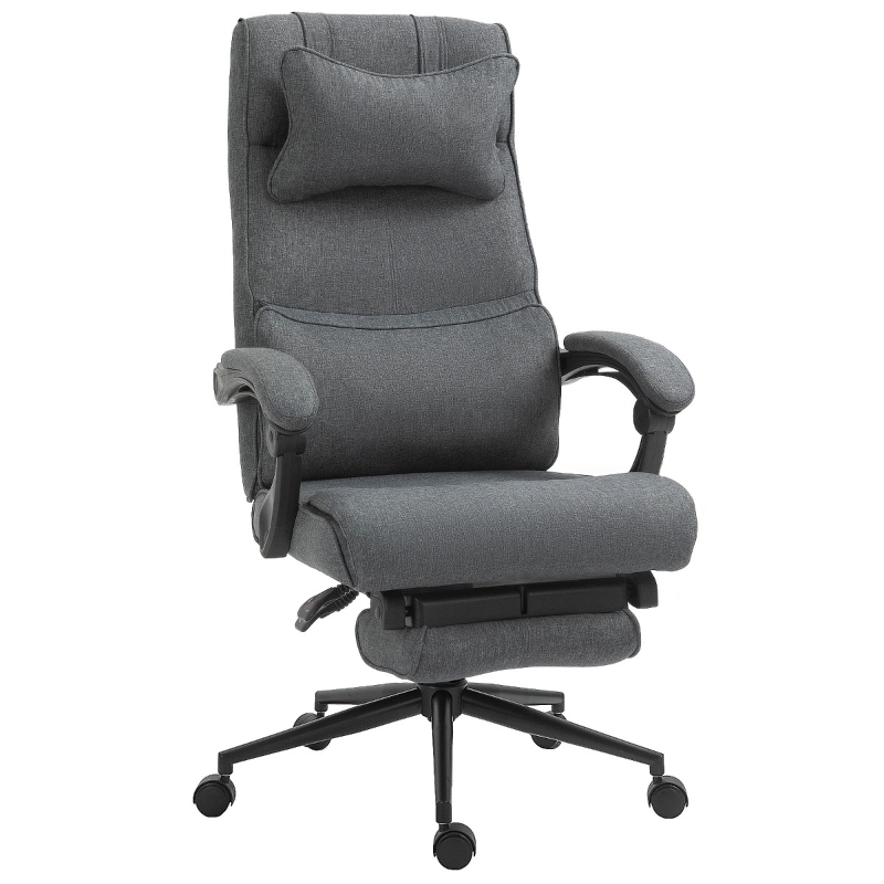 Office Chair, Heathered Grey Fabric, Retractable Footrest, Headrest Pillow