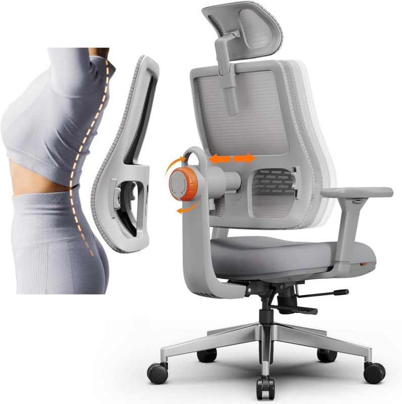Office Chair with Adjustable Lumbar Dial, Mineral Grey Mesh, 4D Armrests