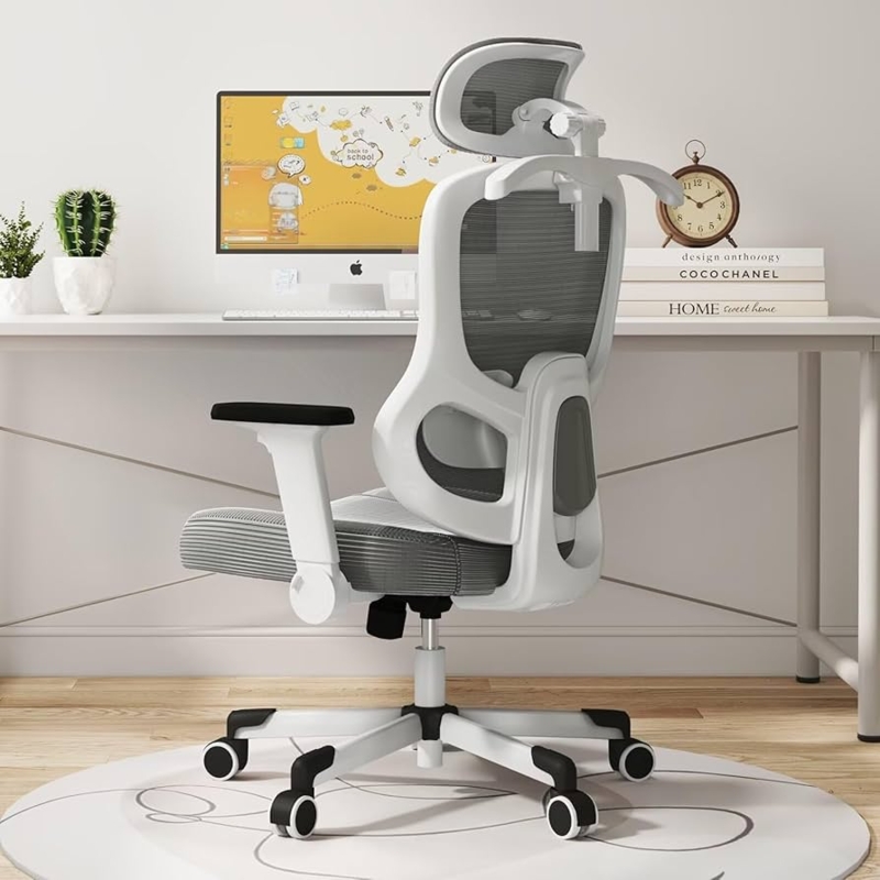Office Chair with Coat Hanger Back, White Mesh, Adjustable Headrest