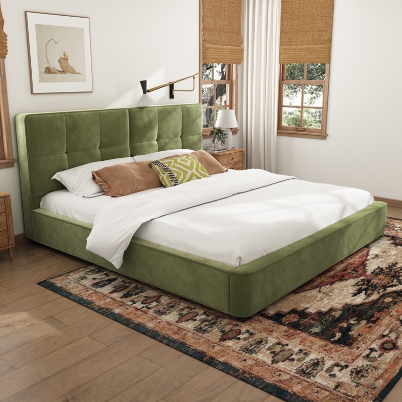 Olive Green Platform Bed featuring Square Tufted Headboard Detail