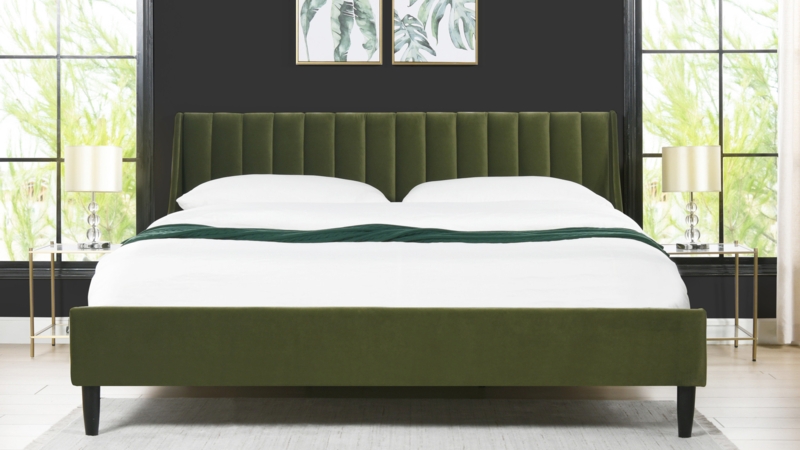 Olive Green Platform Bed Vertical Channel Tufted Woven Fabric
