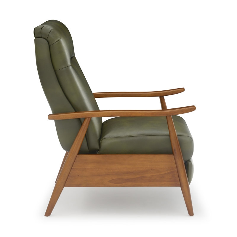 Olive Green Recliner Leather-Like, Sloping Wood Arms & Push Back