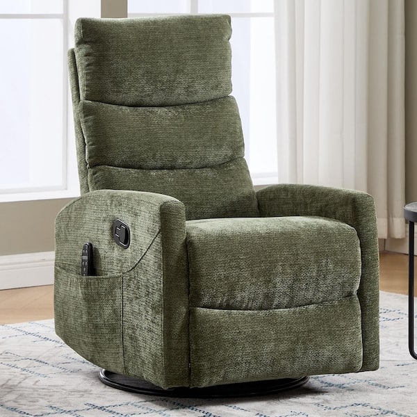 Olive Green Swivel Rocker Recliner Chenille Fabric Side Storage Pocket