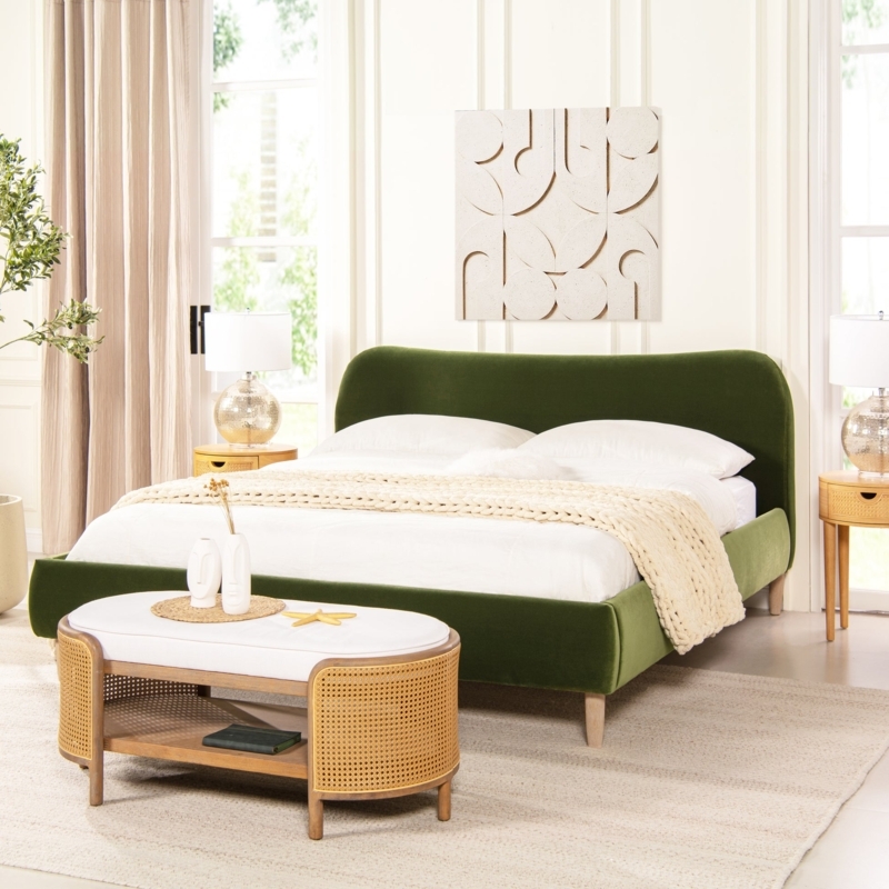 Olive Green Upholstered Platform Bed with Scalloped Headboard