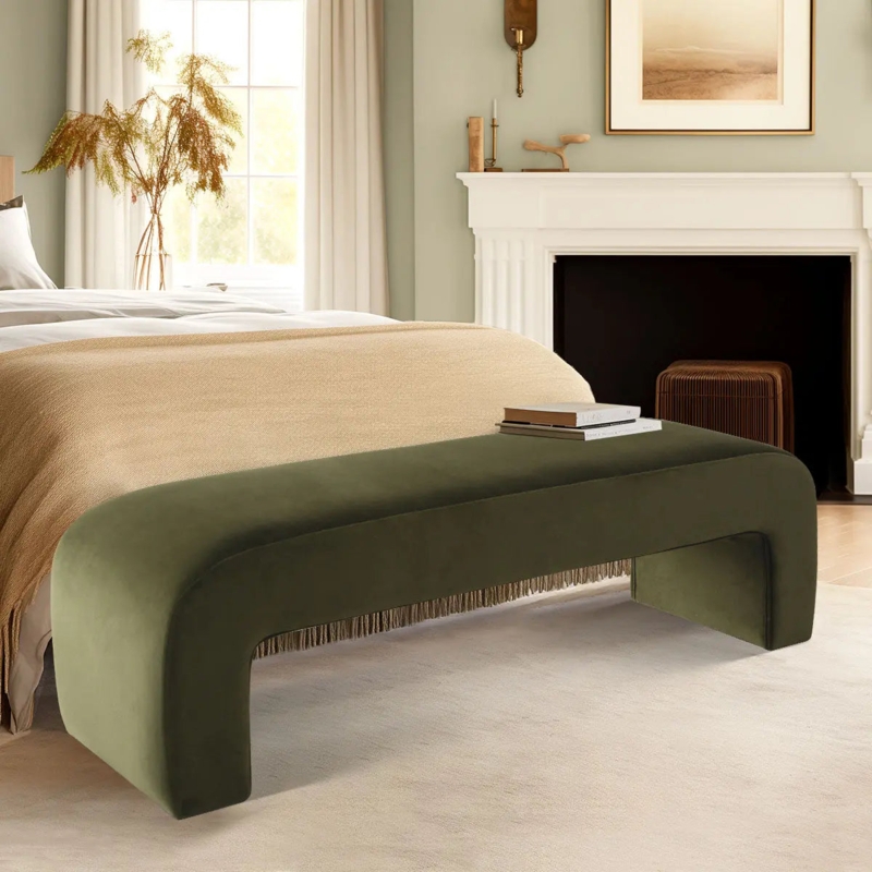 Olive Green Velvet Waterfall Bench with Fringe Detail
