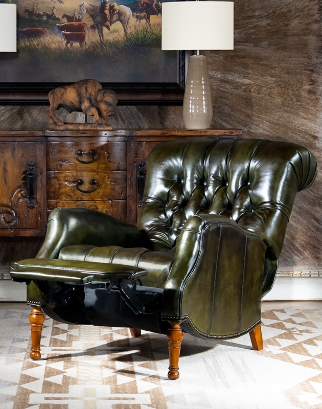 Olive Leather-Like Recliner with Button Tufting and Turned Legs