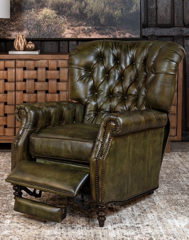 Olive Leather Recliner with Diamond Tufting and Nailhead Trim