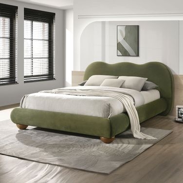 Olive Velvet Upholstered Bed Curved Headboard Tapered Legs