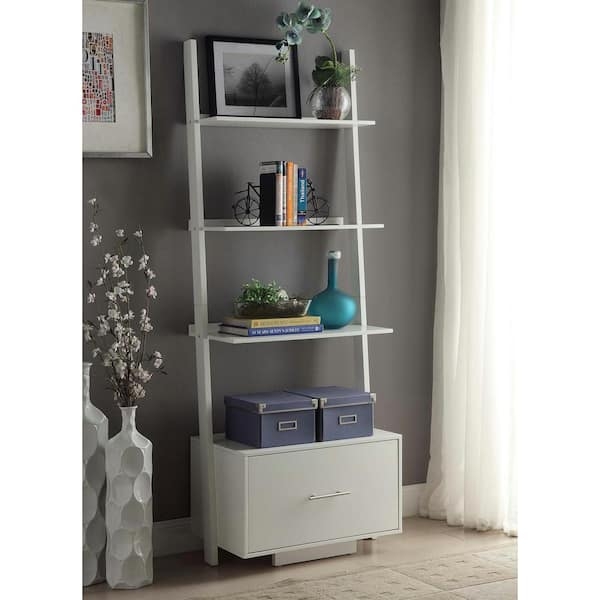 Open Back Bookcase Ladder White 4-Shelf Bottom Drawer Contemporary