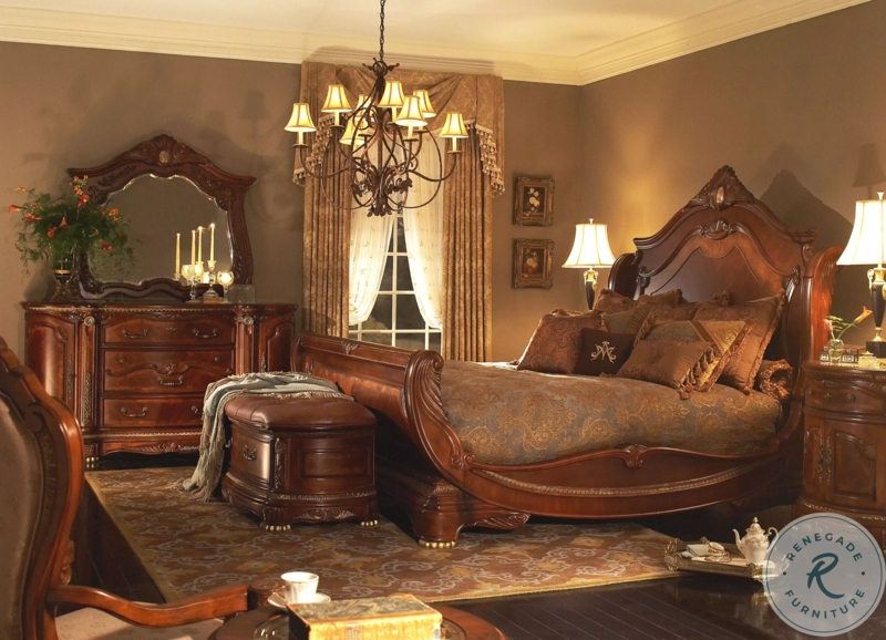 Opulent Sleigh Bed with Polished Honey Walnut Finish and Ornate Carvings