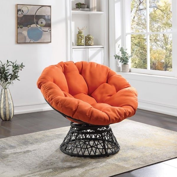 Orange Papasan Chair with Tufted Cushion and Black Woven Pedestal Base