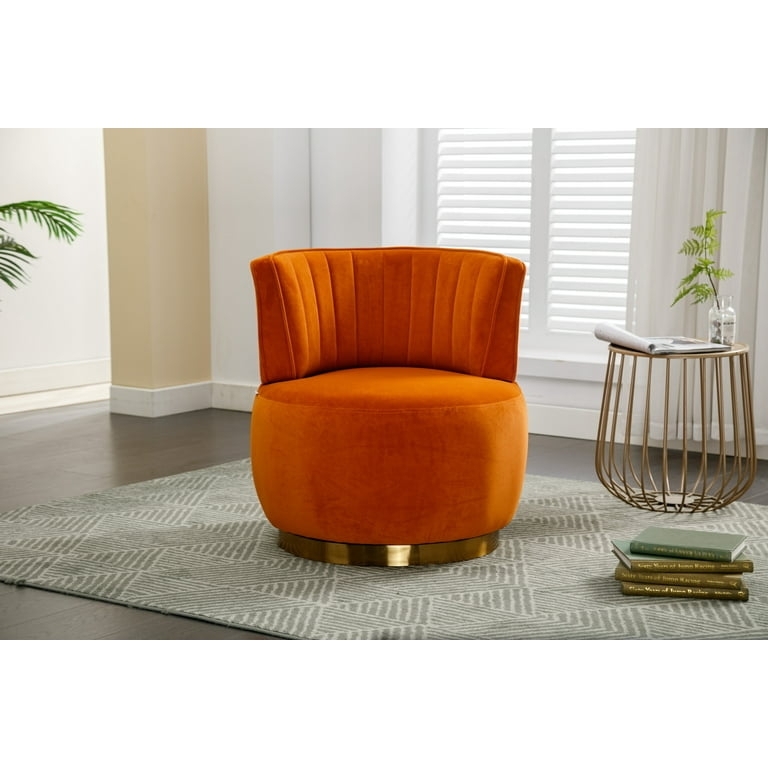 Orange Swivel Barrel Chair with Vertical Channeling and Metal Base