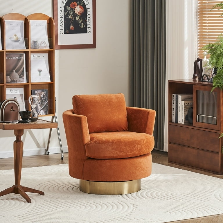 Orange Velvet Swivel Barrel Chair with Metal Base and Plush Cushion