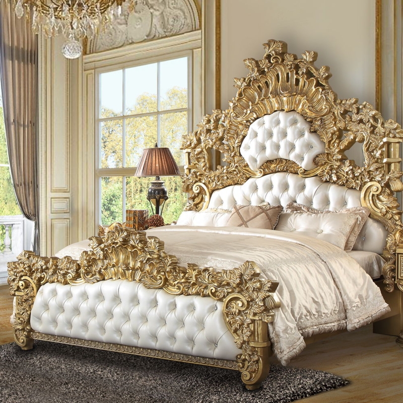 Ornate Bed Frame Antique Gold Finish White Tufted Synthetic Leather
