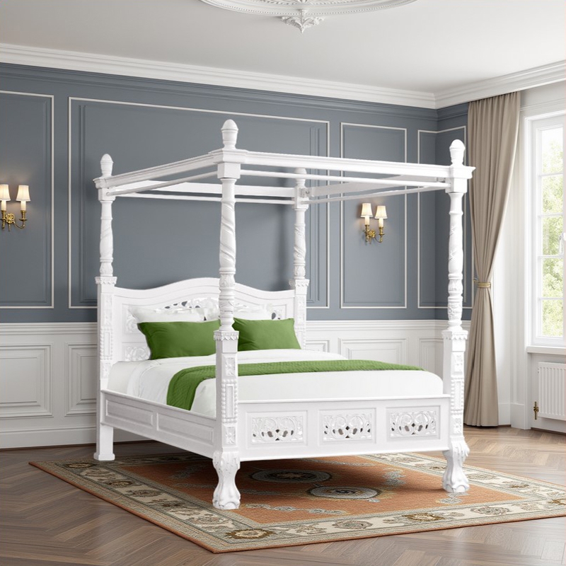 Ornate Carved Four Poster Bed with Claw Feet & Arched Headboard