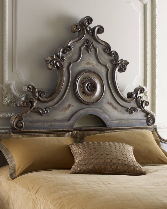 Ornate Carved Wood Headboard with Distressed Antique Finish