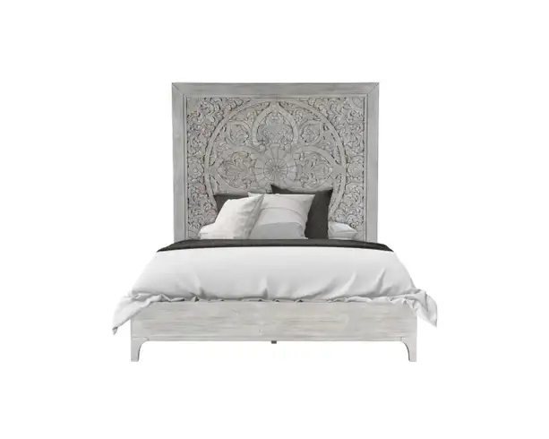 Ornate Floral Headboard Bed, Whitewashed King Size