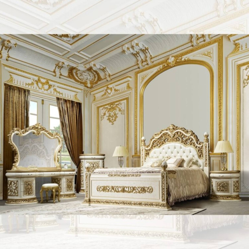 Ornate Gold Bedroom Set with Gold Leaf Scrollwork and Tufted Headboard
