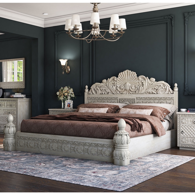 Ornate Platform Bed Frame with Whitewashed Hand Carved Shell Motif