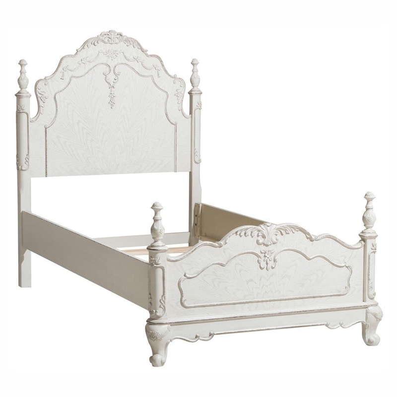 Ornate Poster Bed: Antique White Finish with Floral Carvings Twin