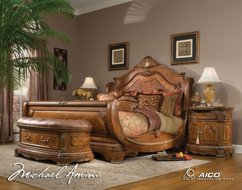 Ornate Walnut Sleigh Bed with Carved Scrollwork Details