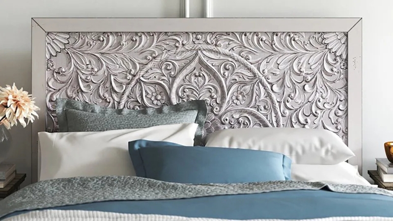Ornate Wood Headboard With Carved Floral Motifs