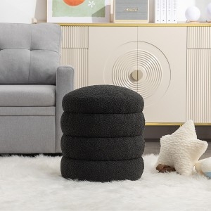 Ottoman Black Boucle Tiered Design Sculptural Round Footstool Modern