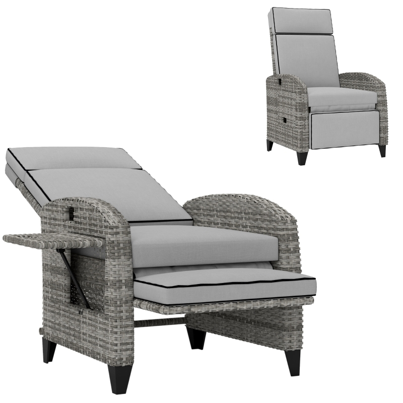 Outdoor Recliner Gray Woven Wicker Integrated Side Tray Patio Chair