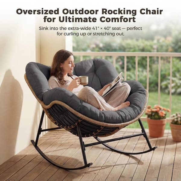 Outdoor Rocking Chair Papasan Style Oversized Circular Seat Gray