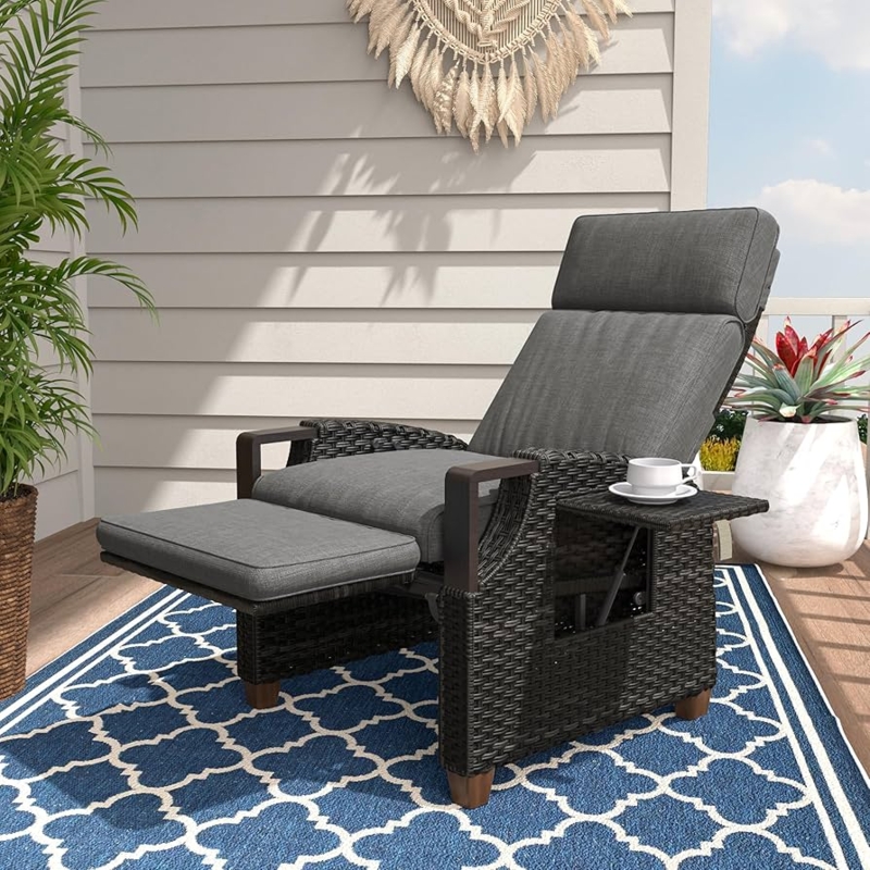 Outdoor Wicker Recliner with Flip-Up Table and Grey Cushions