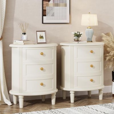 Oval Nightstand Bedroom Set Fluted Gold Legs Beige Modern Glam