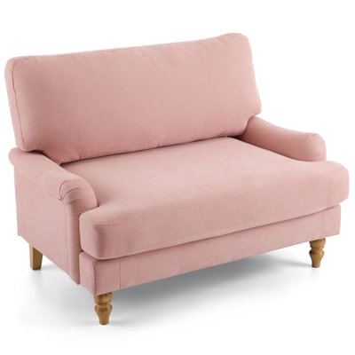 Oversized Accent Chair: Blush Fabric, Scrolled Arms & Turned Legs.