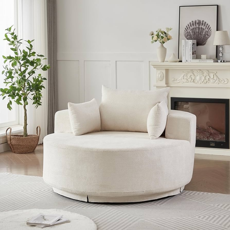 Oversized Beige Chenille Swivel Cuddle Chair with Round Silhouette