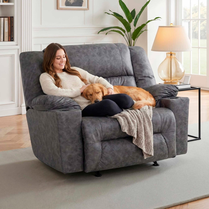 Oversized Charcoal Snuggler Recliner with Cup Holder