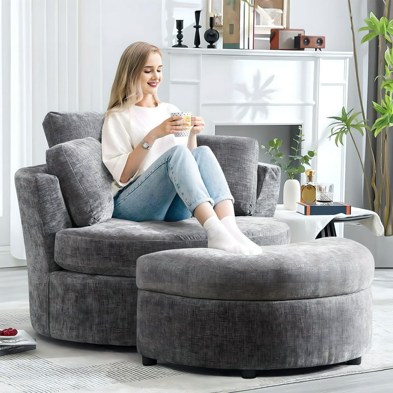 Oversized Chenille Barrel Chair with Matching Curved Ottoman