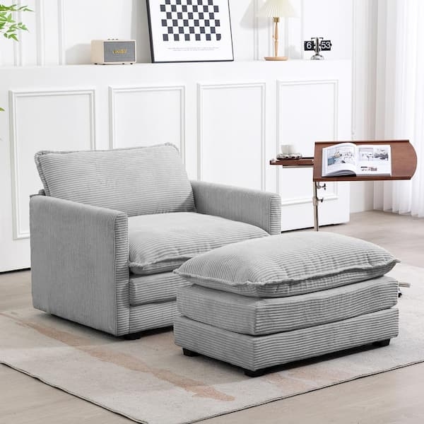 Oversized Corduroy Accent Chair with Ottoman and Plush Cushions