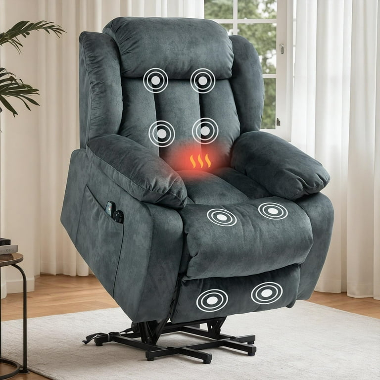 Oversized Gray Blue Power Lift Recliner with Massage and Heat Therapy