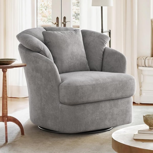 Oversized Gray Swivel Barrel Chair with Loose Back Cushion