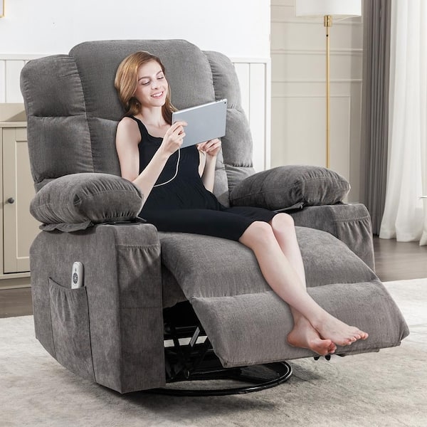 Oversized Gray Swivel Recliner with Padded Arms and Side Pocket