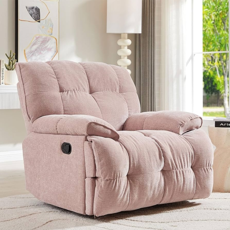Oversized Manual Recliner with Deep Channel Tufting, Pink Corduroy