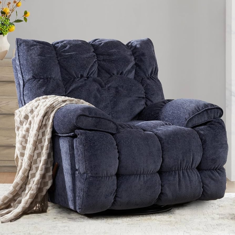 Oversized Navy Blue Rocker Recliner with Deep Channel Tufting